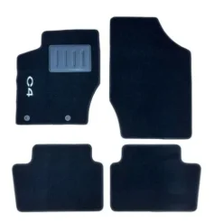 Kit 4 Tapis de sol Auto pour CITROEN C4 de 2004 à 2010, sigle C4, avec CLIPS, moquette noire, Neuf