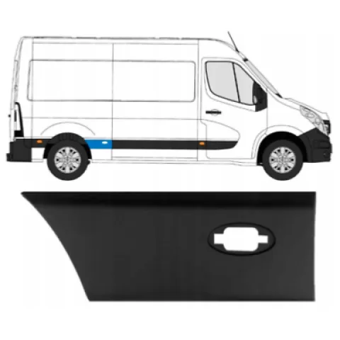 Moulure baguette latérale droite pour RENAULT MASTER III phase 1, 2010-2014, châssis moyen, trou feu, 49.5 cm Neuve