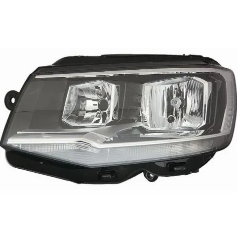Phare Optique avant gauche pour VOLKSWAGEN TRANSPORTER T6 phase 1, 2015-2019, fond noir, profil chromé, H7+H7, avec moteur, Neuf
